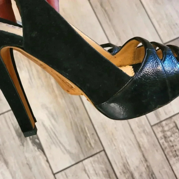 OSCAR DE LA RENTA Black patent leather suede slingback peep-toe heels shoes 6.5 - Picture 10 of 16